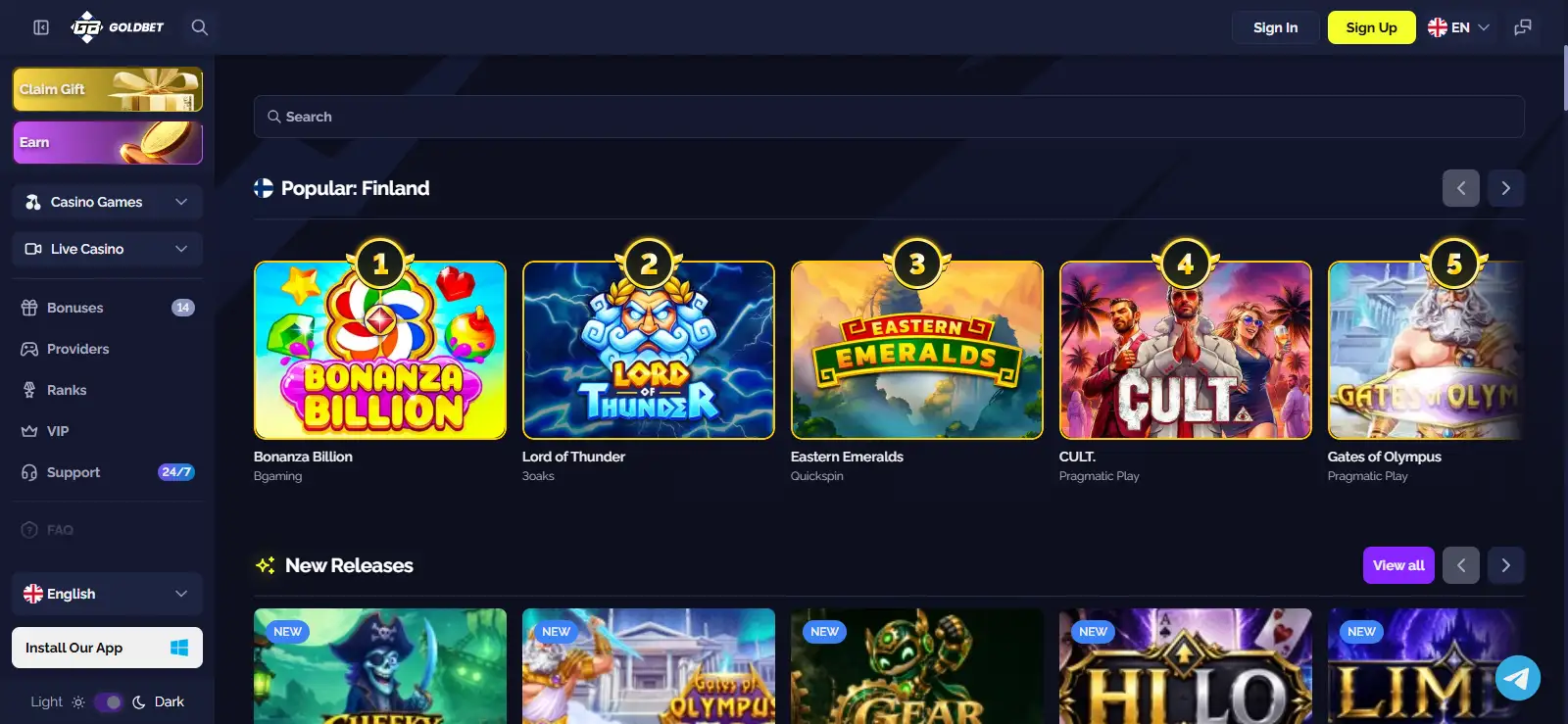 Current official Goldbet homepage or casino lobby