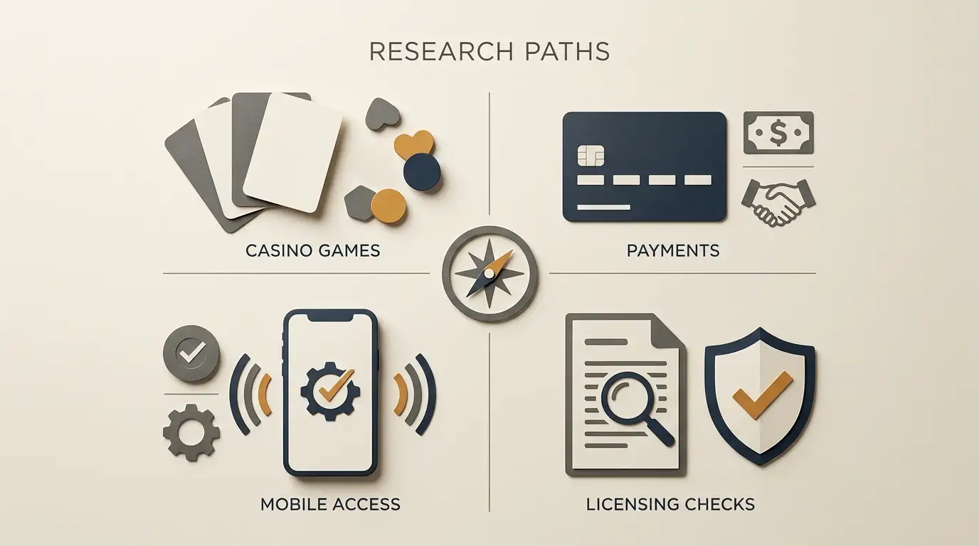 Educational illustration grouping casino games, payments, mobile access and licence checks