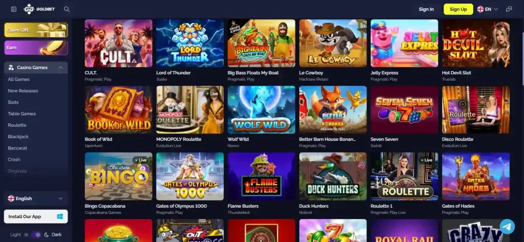 Goldbet casino lobby showing game categories and provider tiles