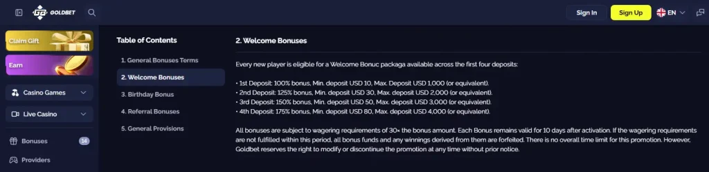 Goldbet official bonus terms showing the current four-deposit welcome structure