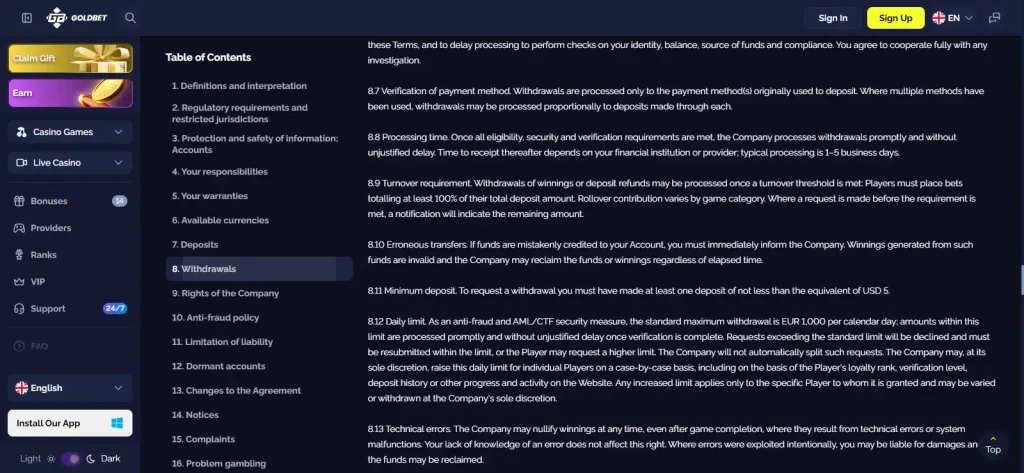 Goldbet official withdrawal terms showing processing and verification rules