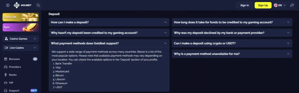 Goldbet payment methods section showing current funding options