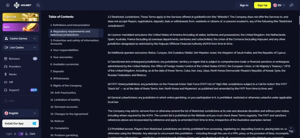 Goldbet Terms restricted-jurisdiction section naming the United Kingdom
